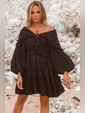 Mahli The Label Fleetwood Boheme Dress Boho Tiered Ruffles Tassels Size M-L